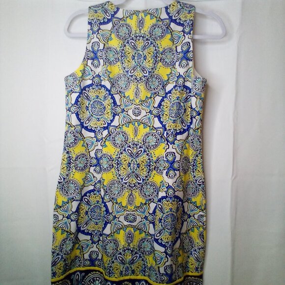 London Times Dress Women 6 Sleeveless Pattern Back Zip Yellow Blue - Picture 9 of 12